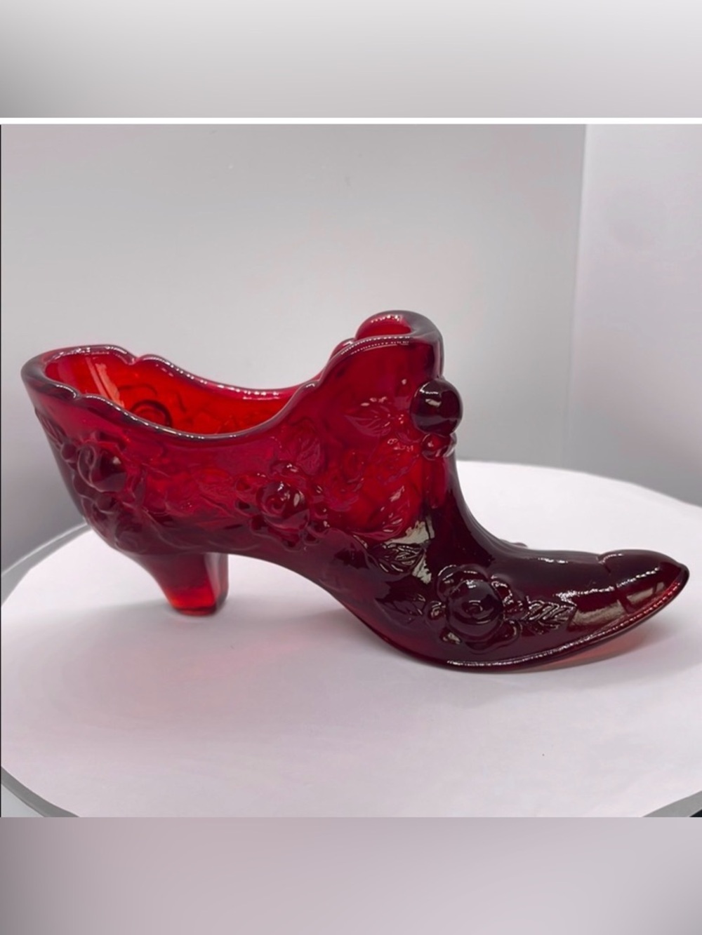 Fenton ruby cabbage with rose glass slipper.